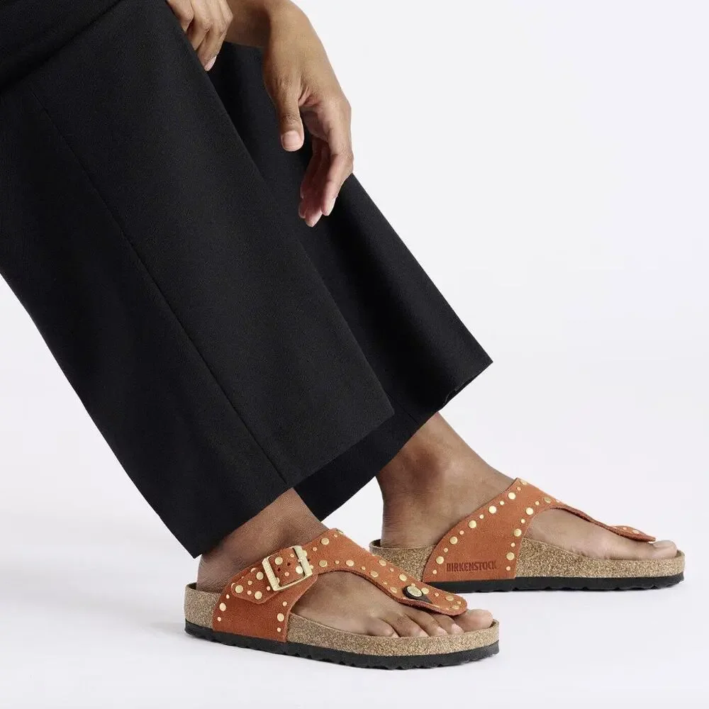 Birkenstock Gizeh Rivet Border Sandals 41 Dark Rust Terracotta Suede Thong Stud - Picture 16 of 16